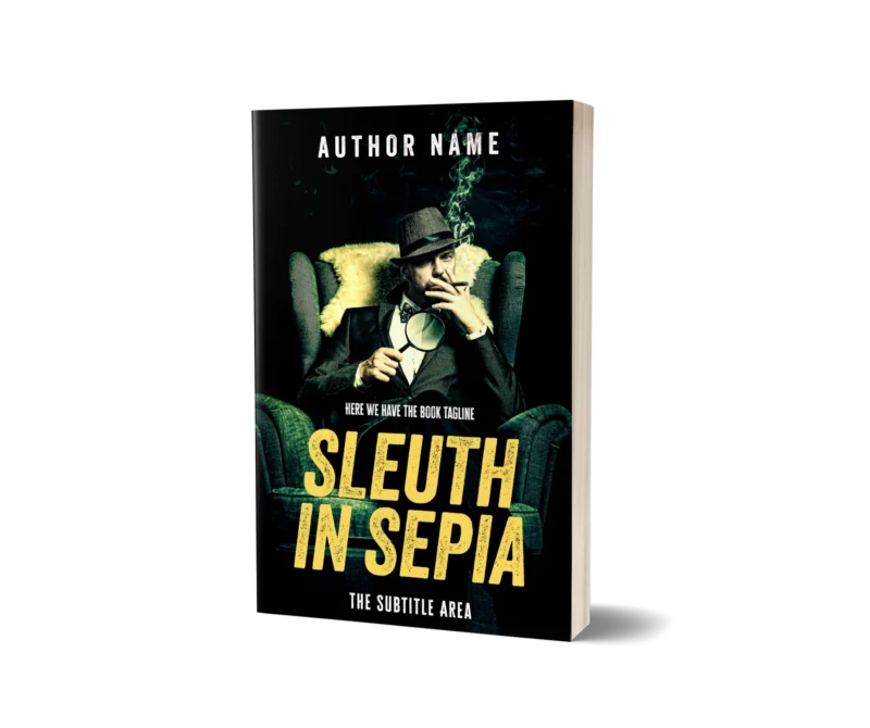 Detective with a magnifying glass and smoking a pipe, seated in an armchair, on the 'Sleuth in Sepia' book cover mockup.