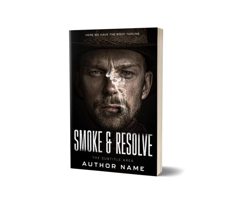 "Intense man with a piercing gaze and a smoldering cigarette on 'Smoke & Resolve' book cover mockup.