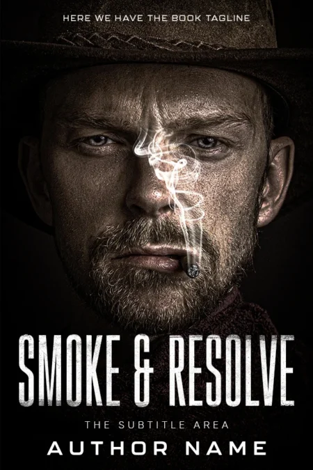 Intense man with a piercing gaze and a smoldering cigarette on 'Smoke & Resolve' book cover.