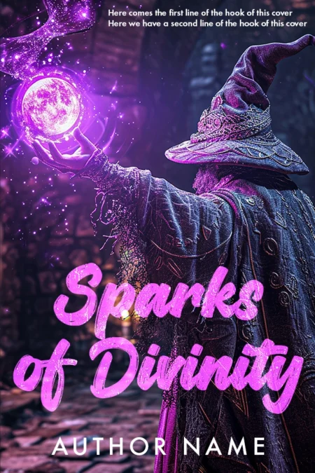 Mystical wizard conjuring a glowing orb of purple energy on 'Sparks of Divinity' book cover, evoking magical prowess and otherworldly forces.