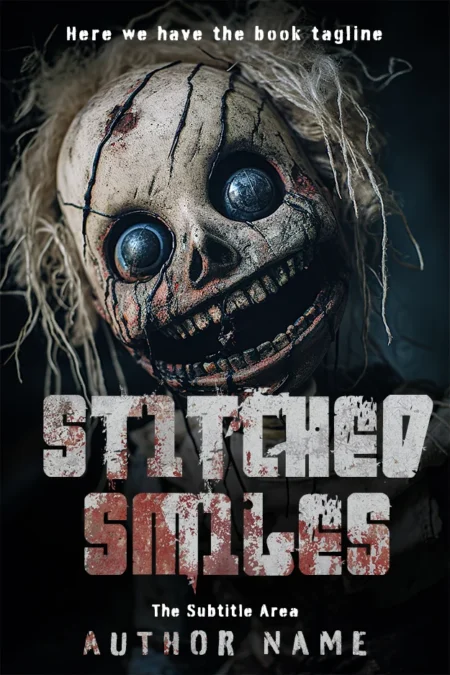 Creepy doll with stitched mouth and button eyes on 'Stitched Smiles' book cover, evoking horror.