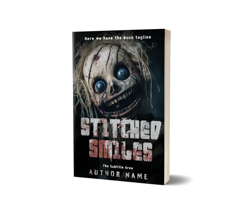 Creepy doll with stitched mouth and button eyes on 'Stitched Smiles' book cover mockup, evoking horror.
