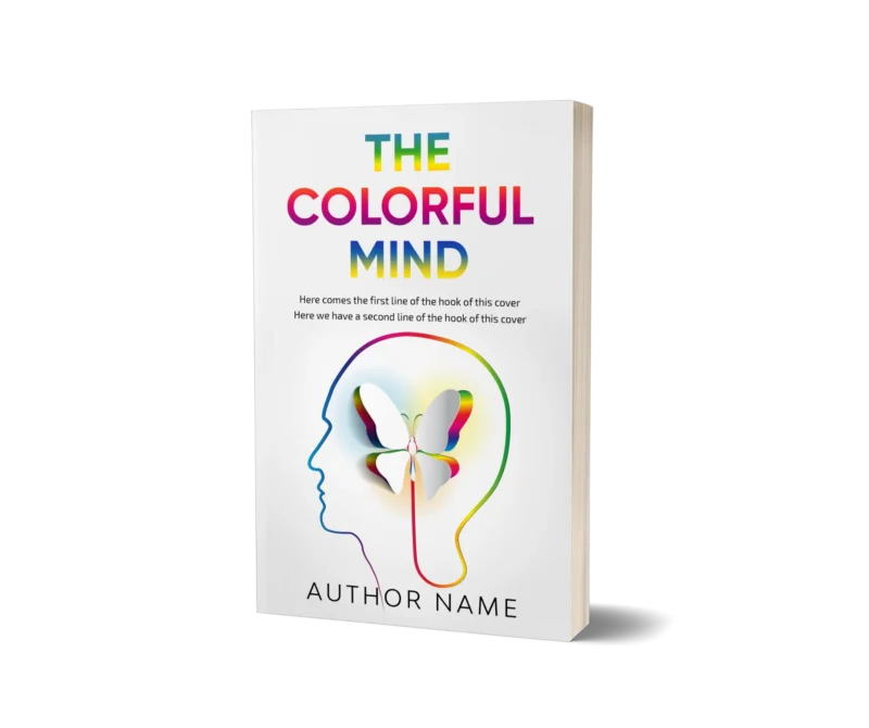Colorful silhouette of a human head with a butterfly brain on the book cover mockup for 'The Colorful Mind,' representing creativity and mental diversity.