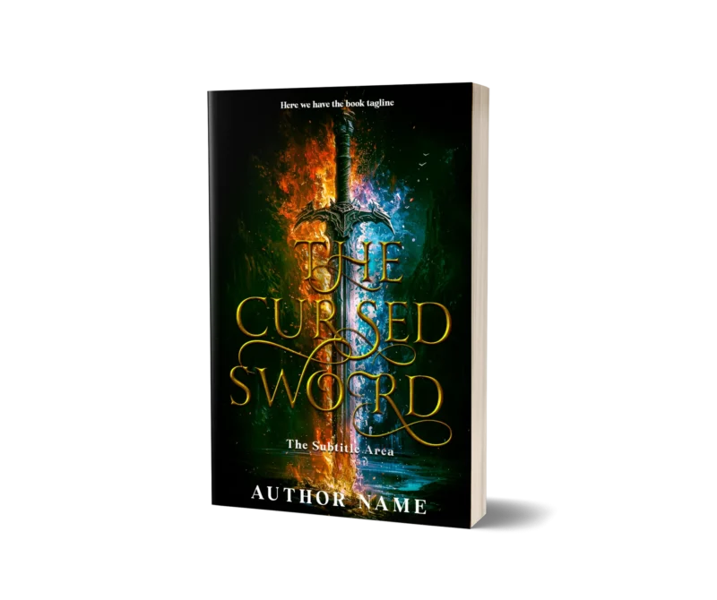 An enchanted sword ablaze with magical fire and ice on the book cover mockup titled 'The Cursed Sword.'