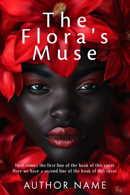 Striking portrait of a woman framed by vibrant red petals on the book cover for 'The Flora's Muse,' symbolizing beauty and nature's inspiration.