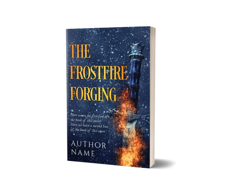 Flaming sword with a frost-covered hilt set against a snowy backdrop on the book cover mockup for 'The Frostfire Forging,' epitomizing a clash of elements.