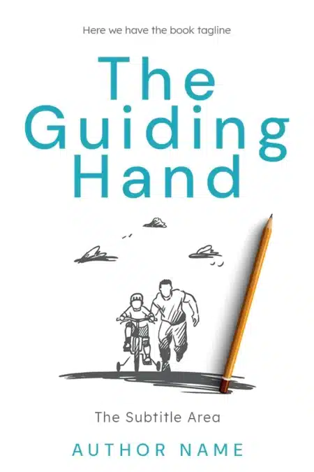 A heartwarming sketch of a father teaching his child to ride a bicycle on a book cover titled 'The Guiding Hand.