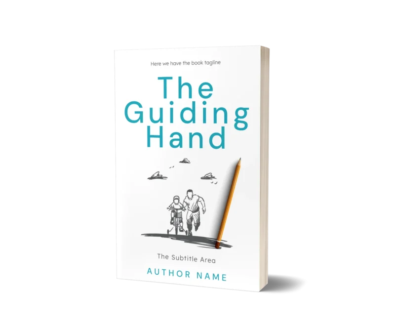 A heartwarming sketch of a father teaching his child to ride a bicycle on a book cover mockup titled 'The Guiding Hand.'