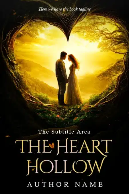 A romantic book cover titled 'The Heart Hollow' showing a couple holding hands in a heart-shaped forest clearing.