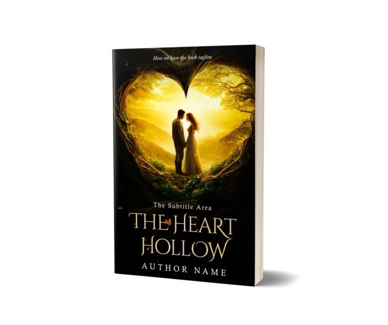 A romantic book cover mockup titled 'The Heart Hollow' showing a couple holding hands in a heart-shaped forest clearing.
