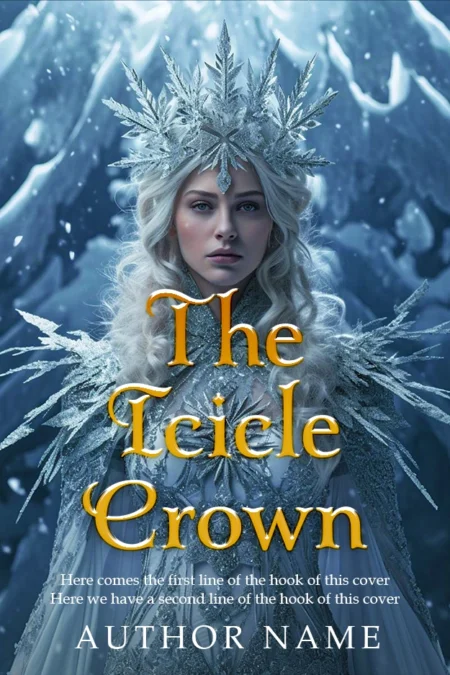 Queen adorned with an intricate icicle crown in a wintry landscape on the book cover for 'The Icicle Crown,' embodying regal frost and sovereignty