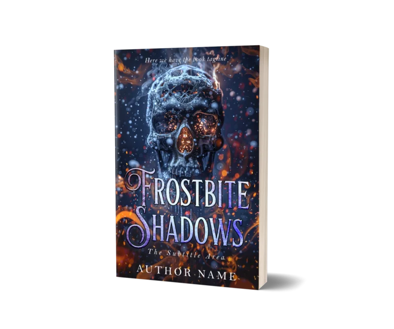 Icy skull with a glowing geometric symbol on the forehead on the book cover mockup for 'Frostbite Shadows,' suggesting a chilling, mystical tale.