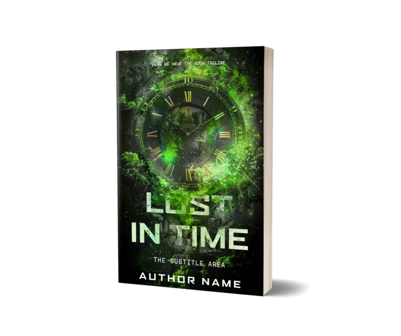 Antique cosmic clock enveloped by a green nebulous mist on 'Lost in Time' book cover mockup, depicting the mystery of time travel.