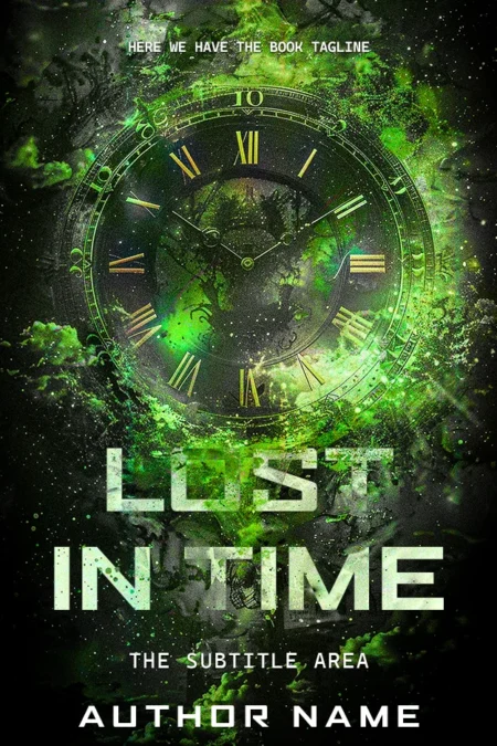 Antique cosmic clock enveloped by a green nebulous mist on 'Lost in Time' book cover, depicting the mystery of time travel.