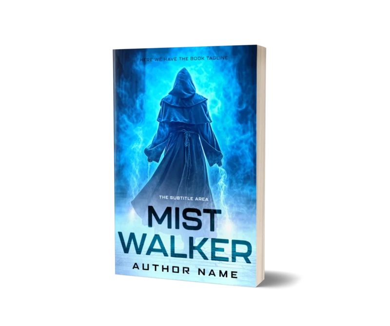 Mysterious hooded figure in blue cloak standing amidst mist, titled 'Mist Walker' for a fantasy book cover mockup.