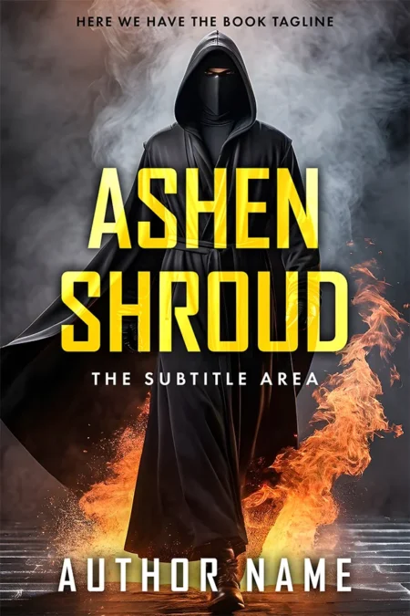 Mysterious figure shrouded in smoke on 'Ashen Shroud' thriller premade book cover