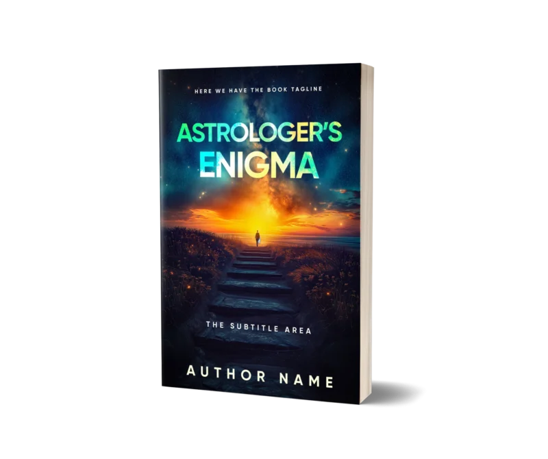 A person stands at the threshold of dawn, under a starlit sky on the book cover mockup titled 'Astrologer’s Enigma.'