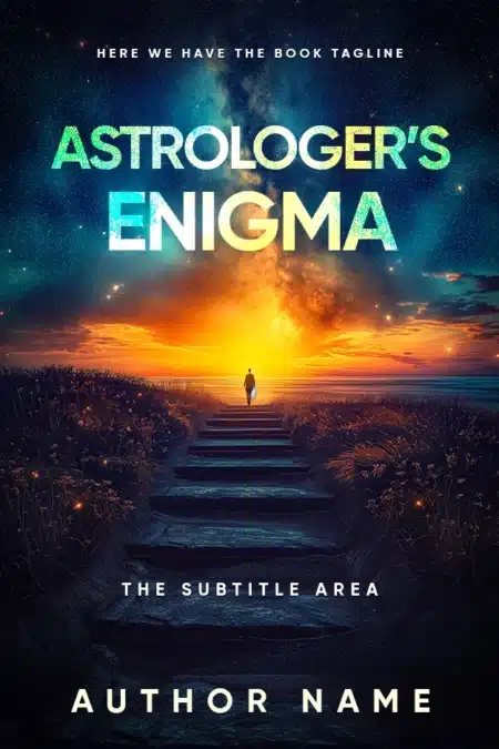 A person stands at the threshold of dawn, under a starlit sky on the book cover titled 'Astrologer’s Enigma.'