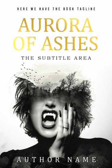 Horror Book Cover Design for 'Aurora of Ashes' featuring a woman's distressed face with dark, smoky elements, evoking a sense of fear and despair.