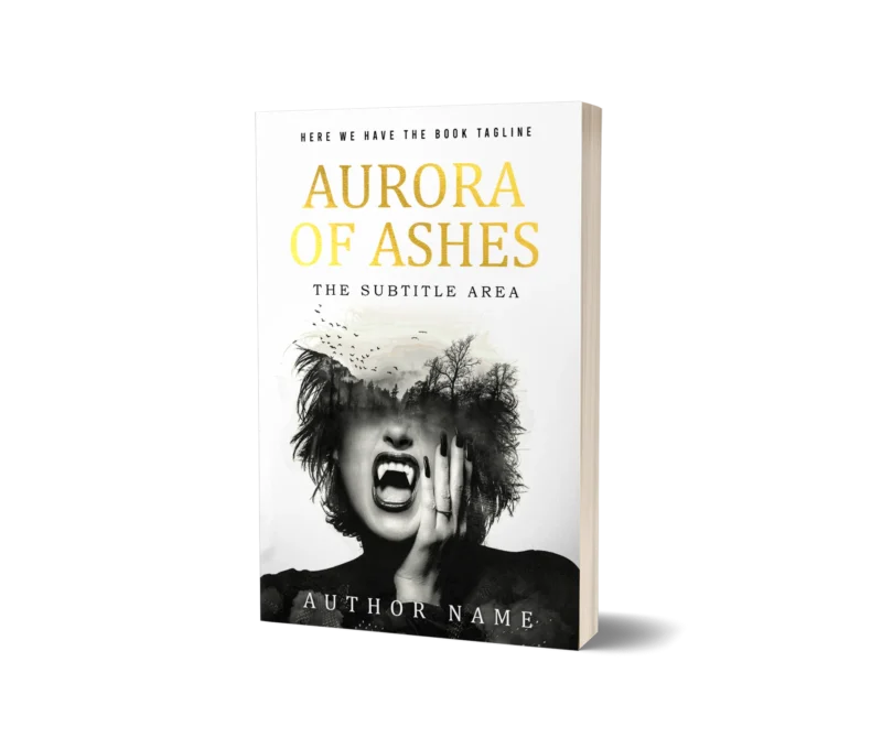 Horror Book Cover Design for 'Aurora of Ashes' featuring a woman's distressed face with dark, smoky elements, evoking a sense of fear and despair.