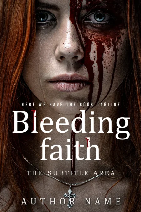 Horror Suspense Book Cover with a woman's face half-covered in blood, symbolizing 'Bleeding Faith'.