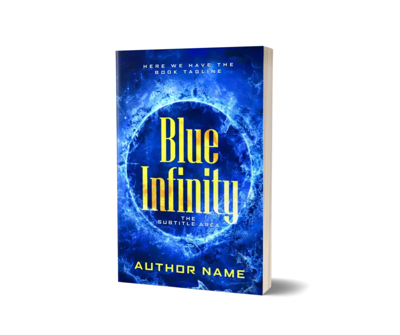A vivid blue cosmic vortex on the book cover mockup for 'Blue Infinity.'