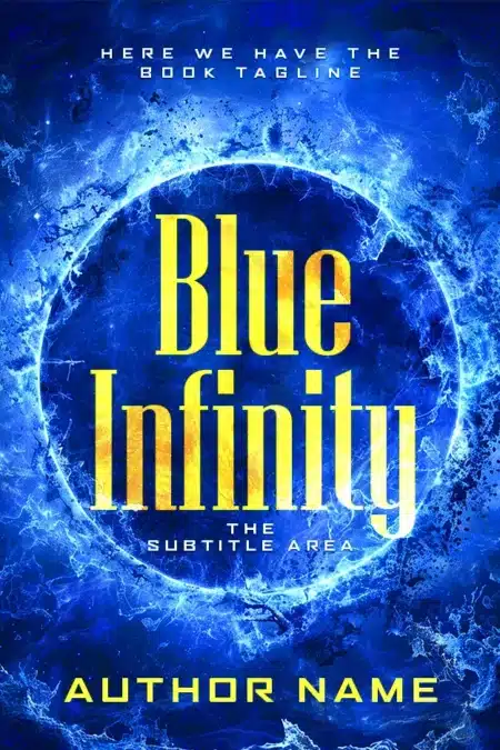 A vivid blue cosmic vortex on the book cover for 'Blue Infinity.'