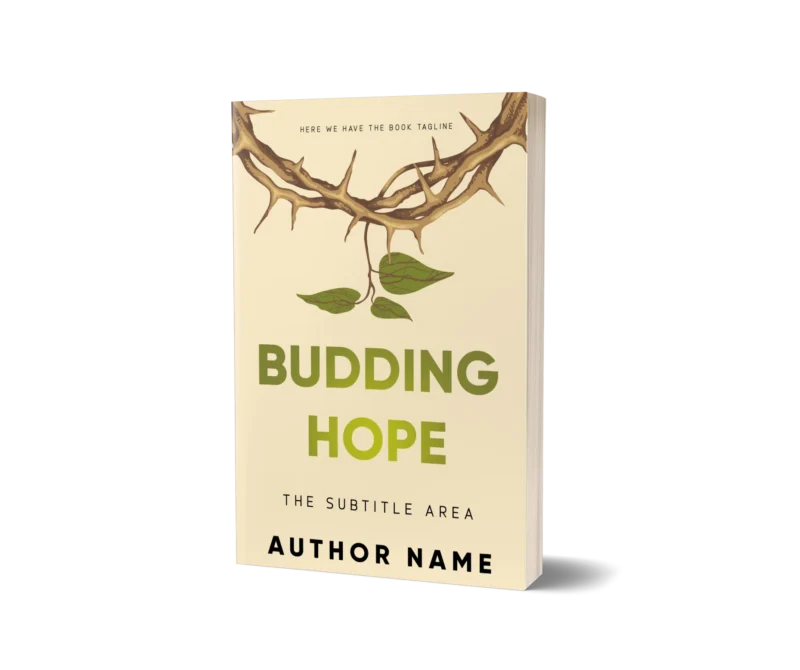 The 'Inspirational Nature Book Cover' for 'Budding Hope' depicts a resilient sprout on a bare branch, a testament to nature's revival.