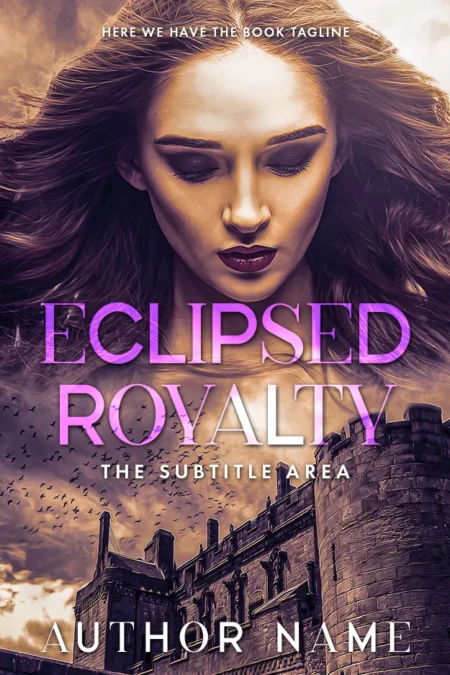 A contemplative queen before a gothic castle on 'Eclipsed Royalty' historical fantasy premade book cover