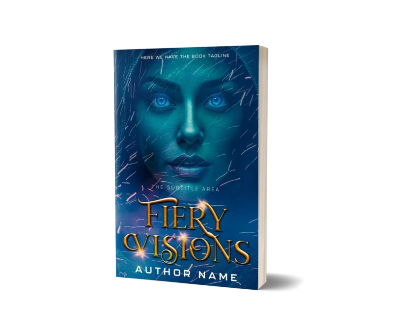 Striking book cover mockup featuring a woman with vibrant blue eyes and sparks titled 'Fiery Visions', encapsulating supernatural wonder.