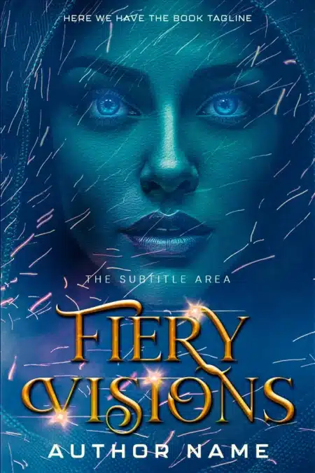 Striking book cover featuring a woman with vibrant blue eyes and sparks titled 'Fiery Visions', encapsulating supernatural wonder