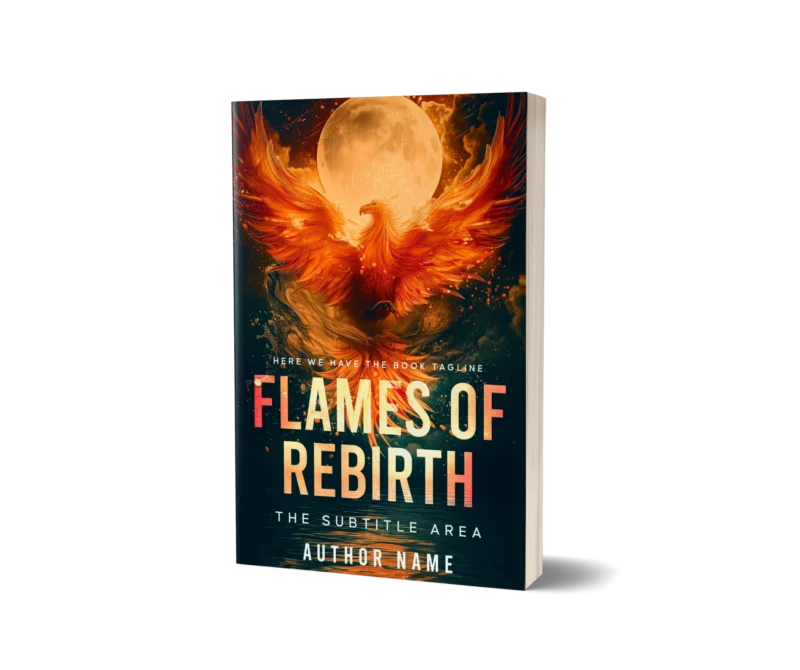 A majestic phoenix rising in flight against a full moon on the book cover mockup titled 'Flames of Rebirth.'