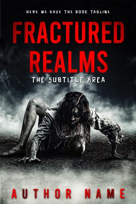 A horror book cover with a haunting image of a creature, embodying the terror within 'Fractured Realms.'