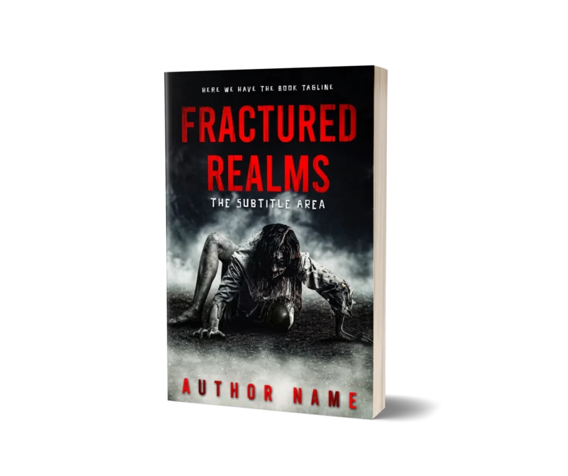 A horror book cover with a haunting image of a creature, embodying the terror within 'Fractured Realms.'