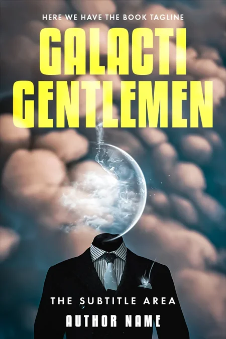 Elegant suit and cosmic backdrop on 'Galactic Gentlemen' sci-fi premade book cover