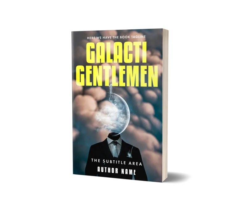 Elegant suit and cosmic backdrop on 'Galactic Gentlemen' sci-fi premade book cover