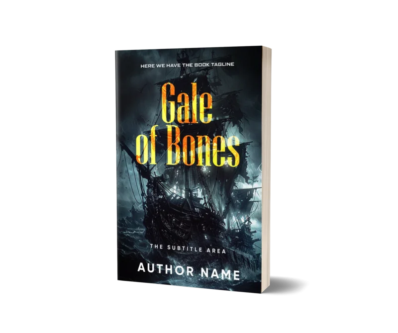 Eerie pirate ship in a stormy sea book cover mockup titled 'Gale of Bones', an ideal cover for swashbuckling fantasy tales