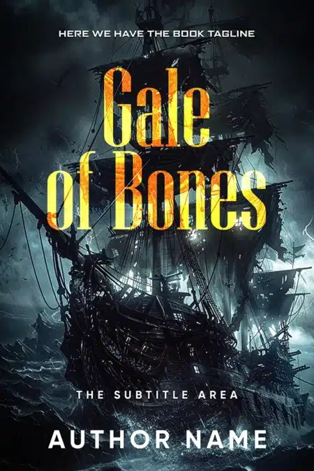 Eerie pirate ship in a stormy sea book cover titled 'Gale of Bones', an ideal cover for swashbuckling fantasy tales