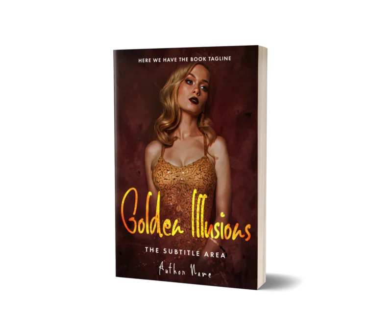 Alluring woman in a golden dress on 'Golden Illusions' romance premade book cover