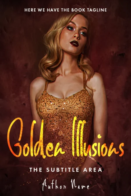 Alluring woman in a golden dress on 'Golden Illusions' romance premade book cover