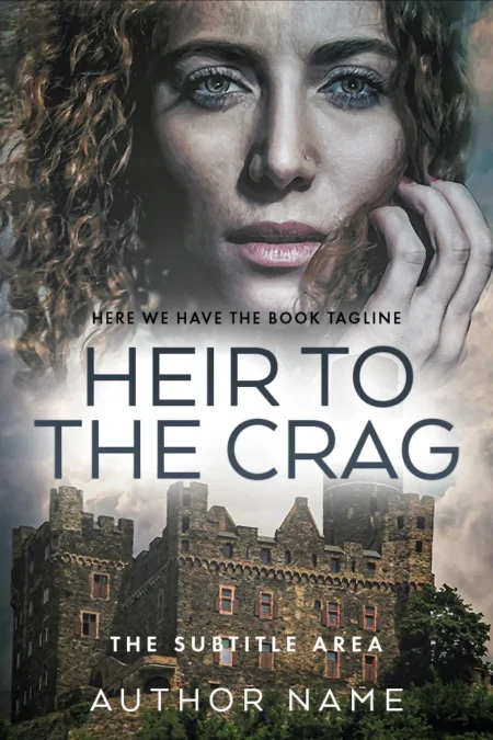 Portrait of a woman with a castle background on 'Heir to the Crag' historical fiction premade book cover