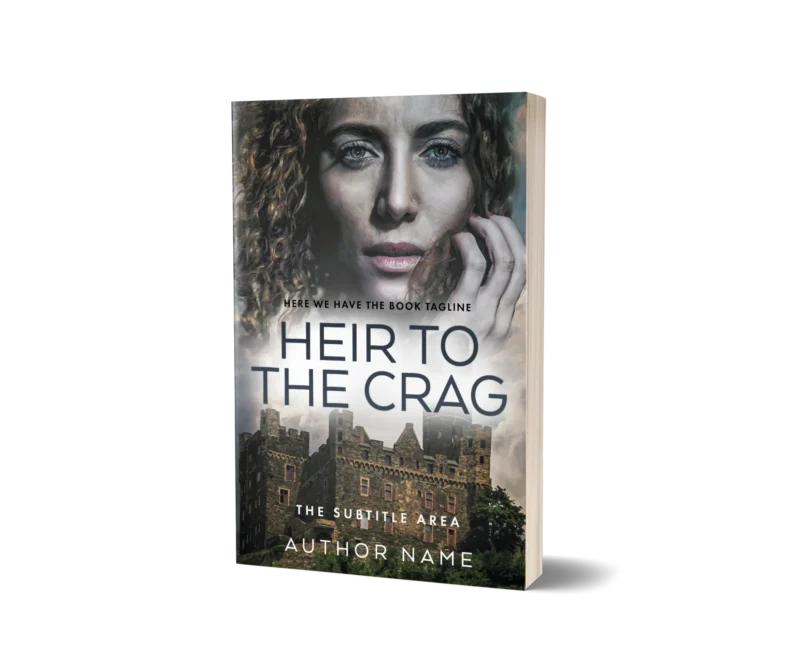 Portrait of a woman with a castle background on 'Heir to the Crag' historical fiction premade book cover