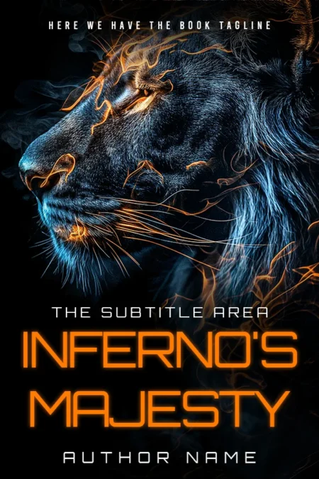 Fantasy Adventure Book Cover displaying a majestic lion enveloped in flames, symbolizing 'Inferno's Majesty.