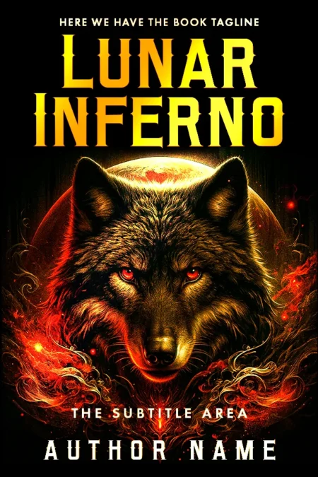 Intense wolf with fiery eyes and flames on 'Lunar Inferno' paranormal fantasy premade book cover