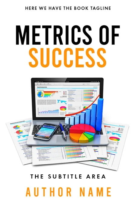 Business analytics workspace with charts and graphs on computer and tablet screens on 'Metrics of Success' book cover