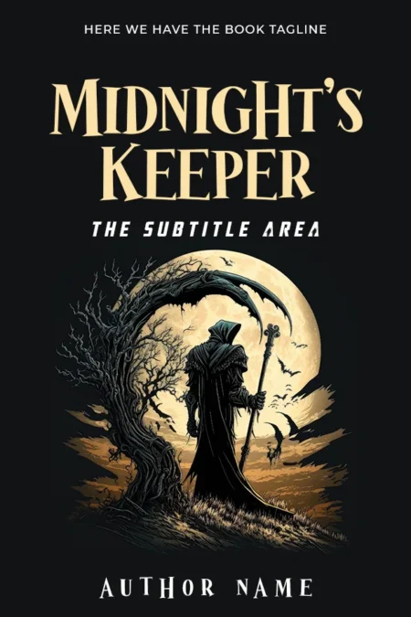 Fantasy Horror Book Cover depicting a cloaked figure under a full moon, evoking 'Midnight's Keeper.