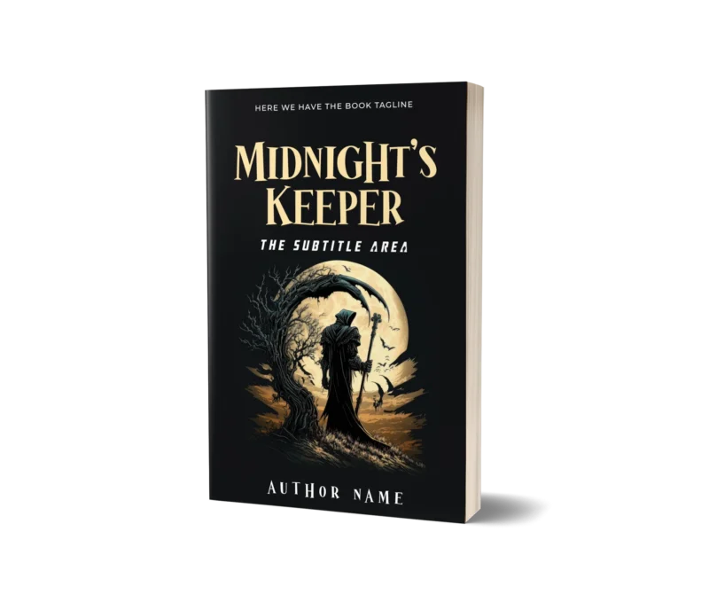 Fantasy Horror Book Cover depicting a cloaked figure under a full moon, evoking 'Midnight's Keeper.'