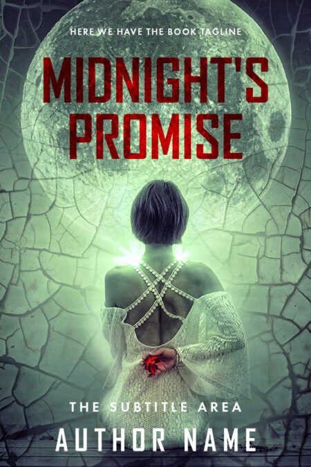 Woman gazing at a full moon with mysterious symbols on her back on 'Midnight's Promise' gothic romance premade book cover