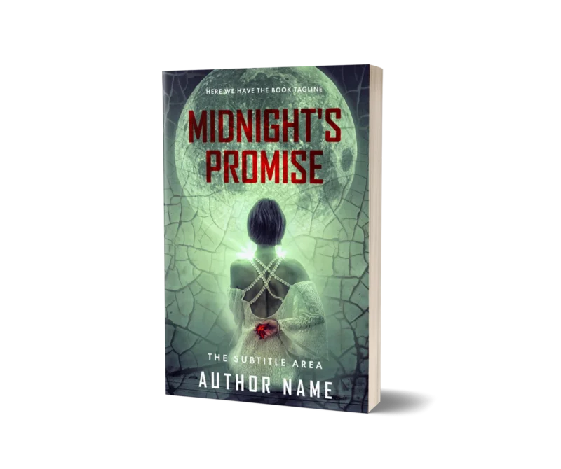 Woman gazing at a full moon with mysterious symbols on her back on 'Midnight's Promise' gothic romance premade book cover