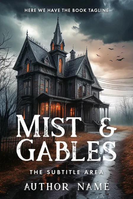 Haunted house with mist and dark skies on 'Mist & Gables' gothic horror premade book cover